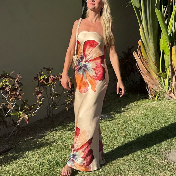 Anthropologie The Fleur Strapless Satin Maxi Dress Floral Print - Picture 7 of 7